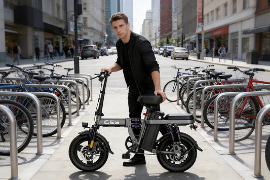 TOOFLY GE5 compact foldable electric bike parked on city sidewalk beside bike racks for UK urban daily commute