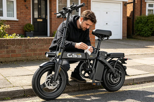 Rider maintaining TOOFLY GS3 folding frame hinge with lubricant cloth on UK residential pavement