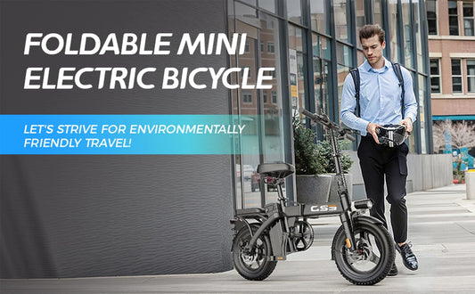Business commuter man standing beside folded TOOFLY GS3 mini foldable electric bicycle on UK city sidewalk, compact urban eco transport
