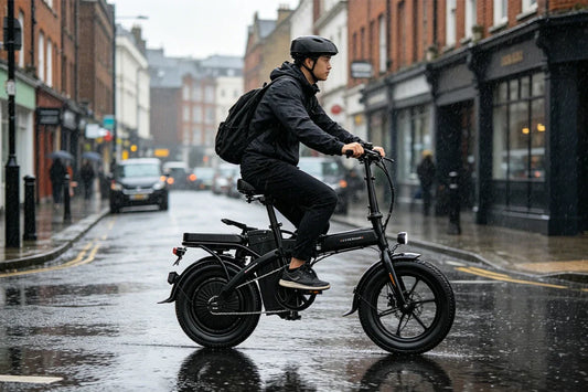 TOOFLY GS3 foldable e-bike riding on wet UK city road in light rain, urban rainy day commute scene